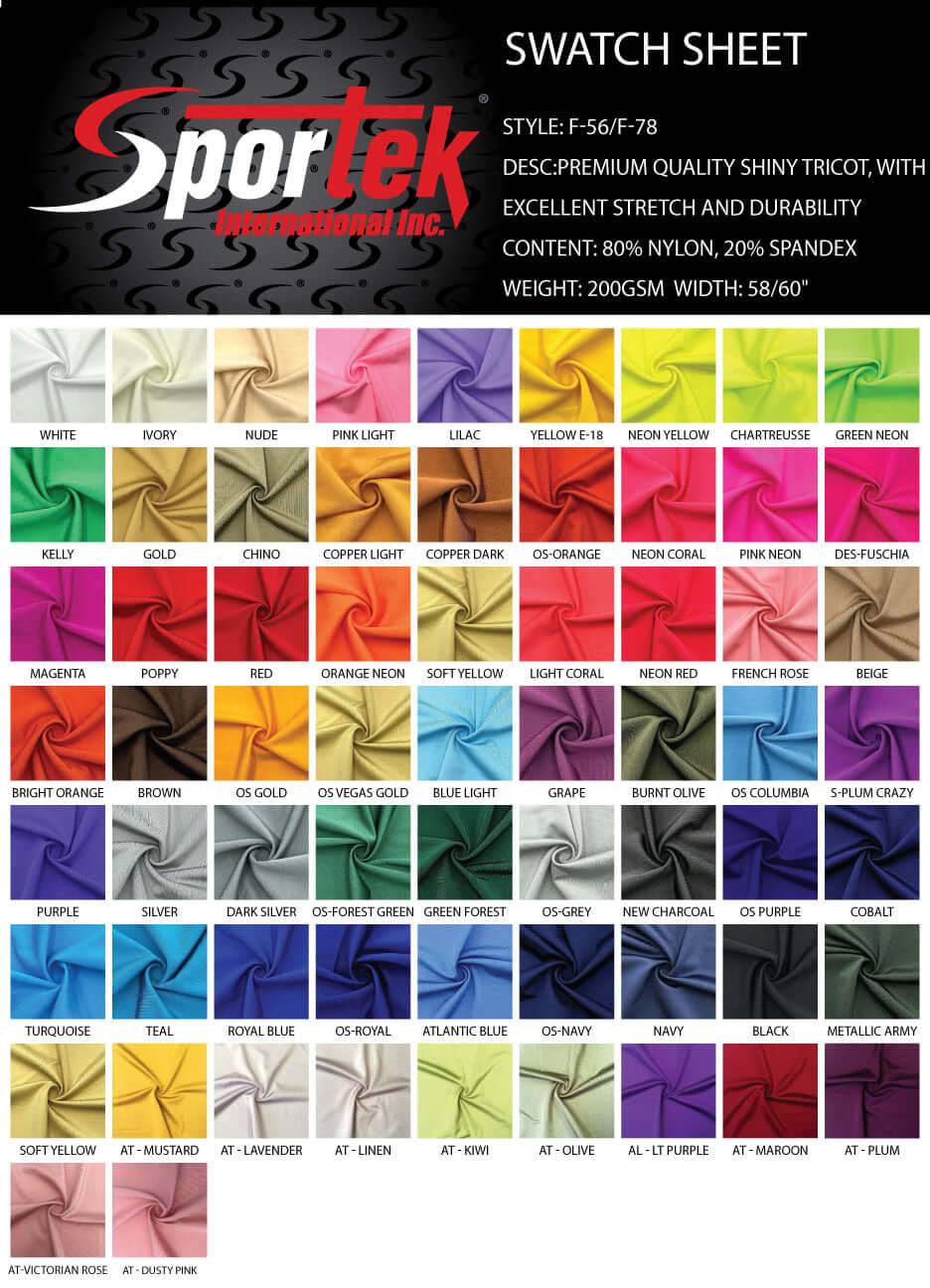 F - 56/F - 78 Nylon - Spandex Tricot Shiny 6 oz - Sportek International Inc.