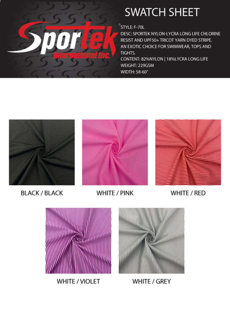 F - 70L Sportek Nylon - LYCRA® Life Chlorine Resist and UPF50+ Tricot Yarn - Dyed Stripe - Sportek International Inc.