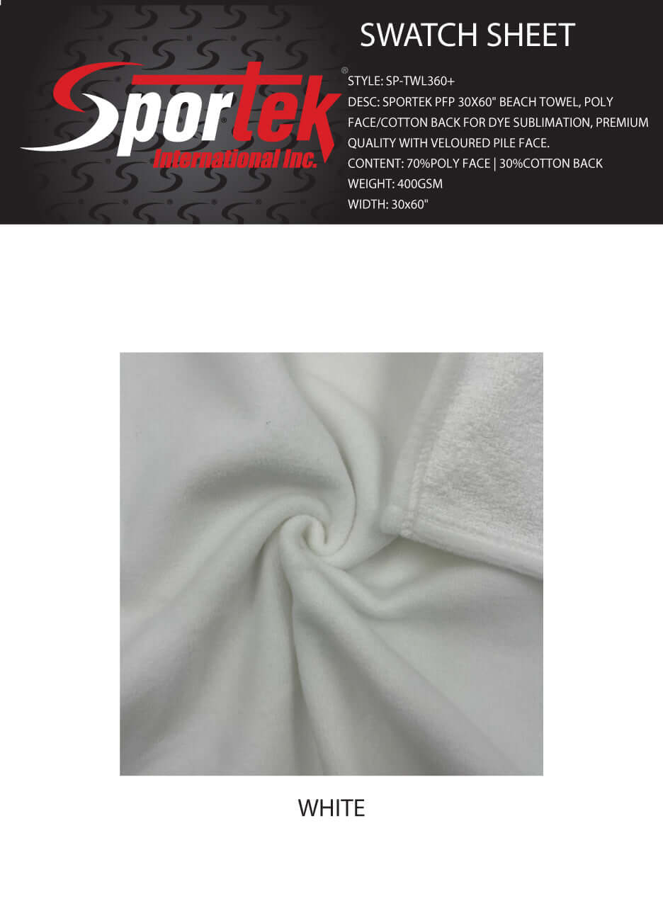 SP - TW360+ Sportek PFP 30x60 Beach Towel Poly Face Cotton Back for Dye Sublimation - Sportek International Inc.