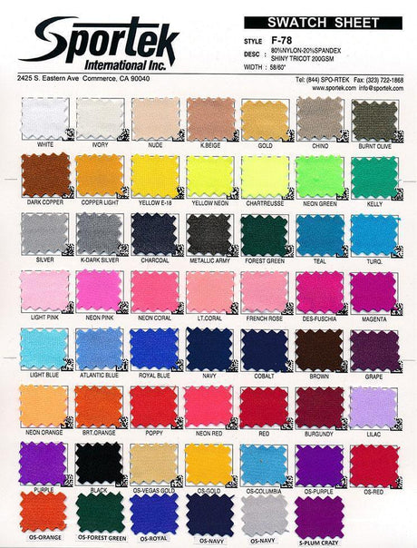 F - 56/F - 78 Nylon - Spandex Tricot Shiny 6 oz - Sportek International Inc.