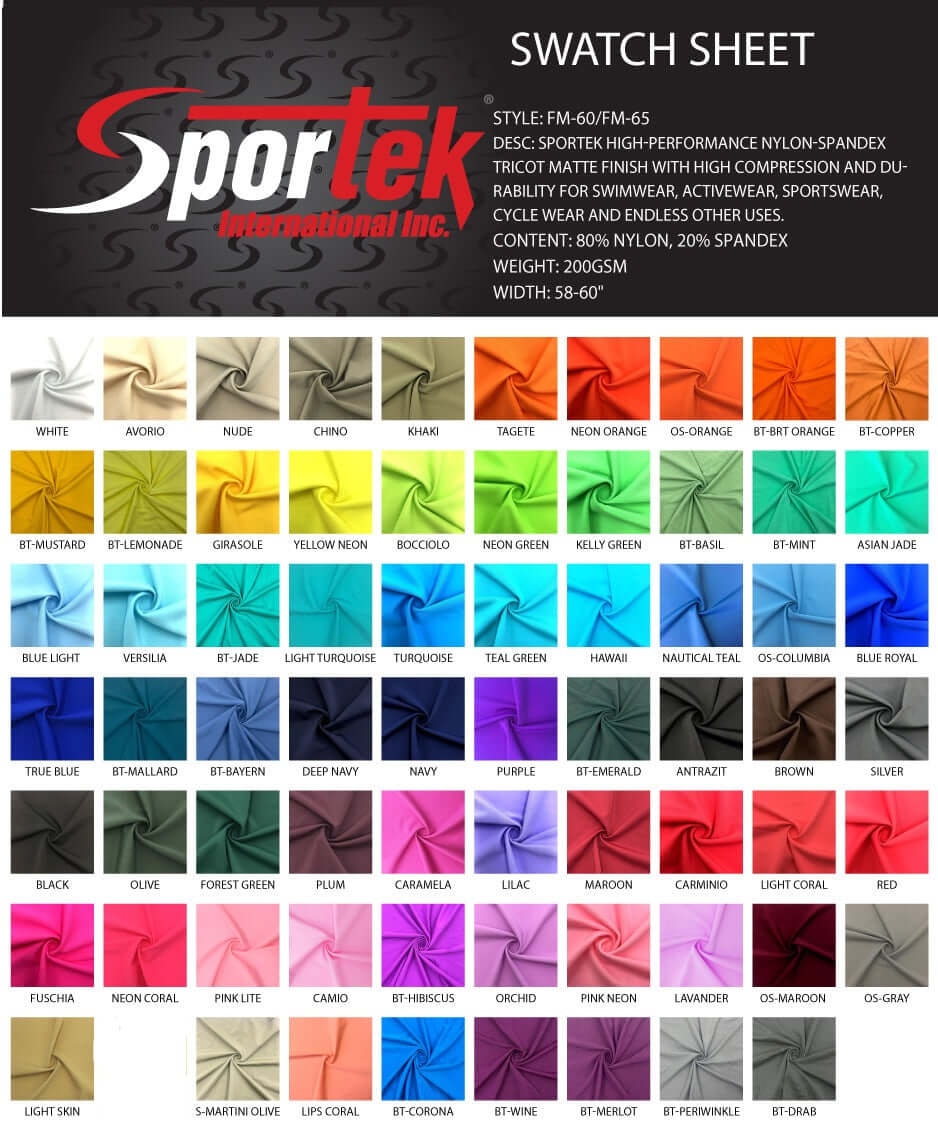 FM - 60/FM - 65 Nylon - Spandex Tricot Matte - Sportek International Inc.