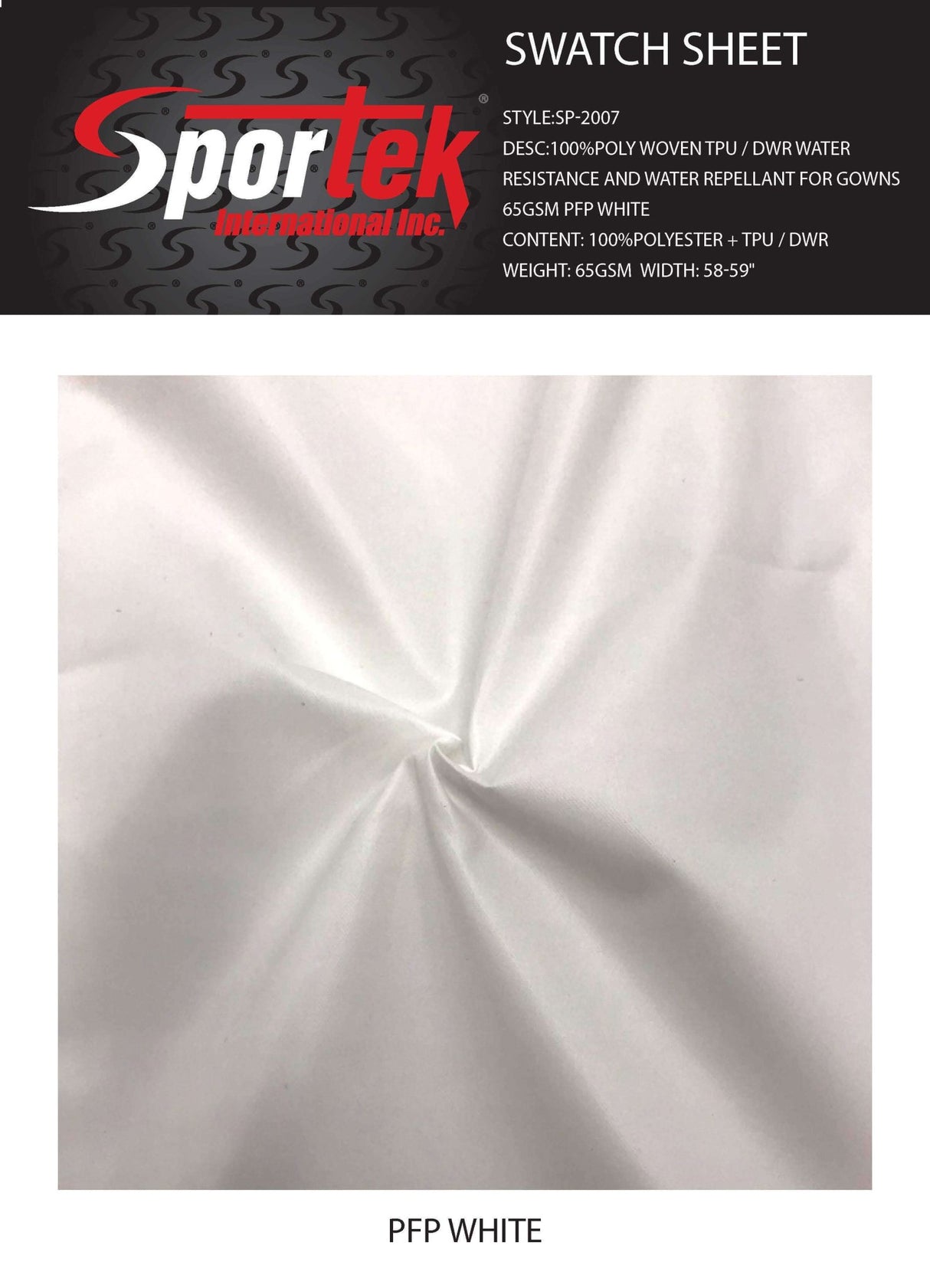 SP - 2007 | 100%Poly woven TPU / DWR water resistance and water repellant - Sportek International Inc.