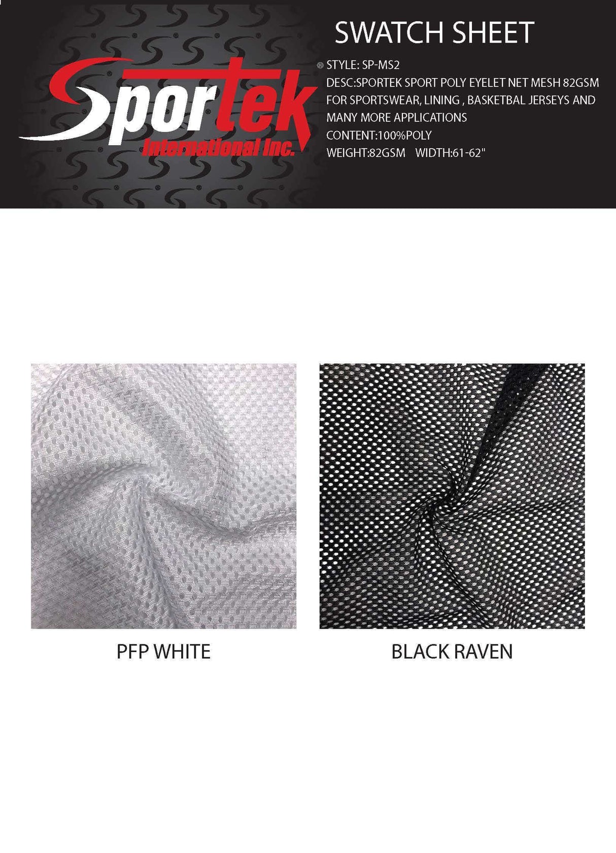 SP - MS2 | Sportek Sport Poly Micro Mesh 82 GSM For Sportswear, Lining - Sportek International Inc.