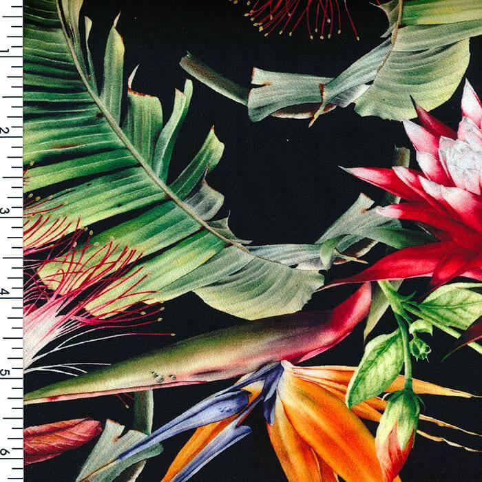 SP - NP2687 Tropical Roses - Black Green Orange Purple | Nylon Spandex Digitally Wet print - Sportek International Inc.