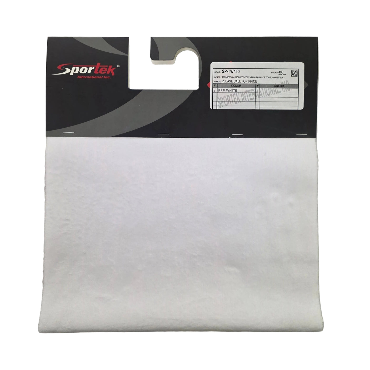 A white Sportek replacement filter cartridge in its original black and white retail packaging, laid flat on a white fabric background.