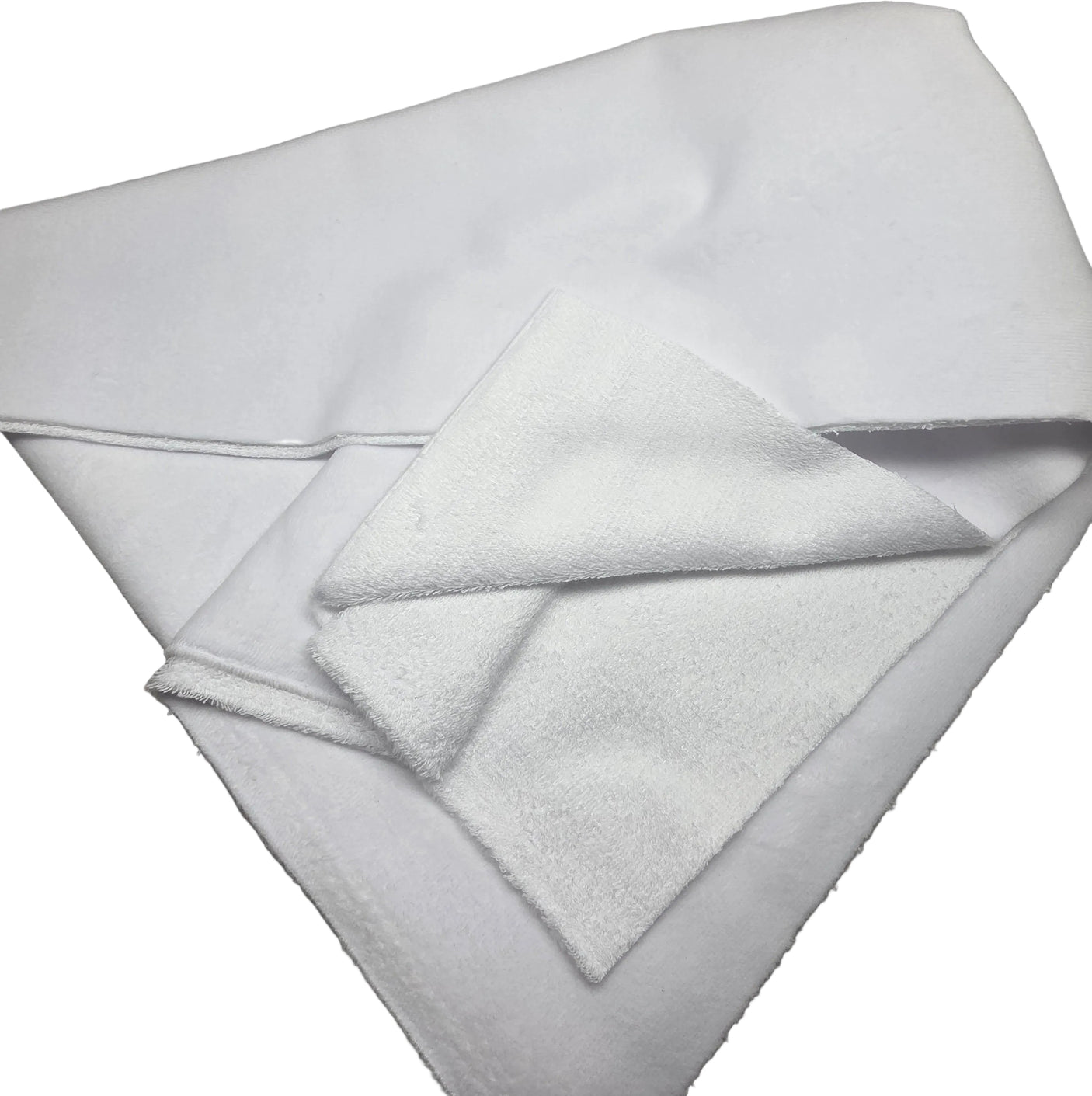 A folded white towel or cloth with a soft, plush texture, photographed on a neutral gray background.