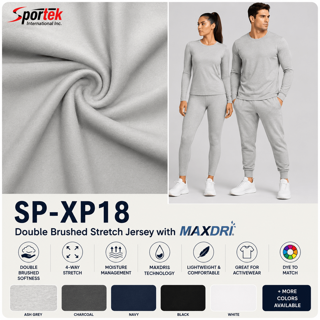SP - XP18 Double Brushed Stretch Jersey with MAXDRI - Spandex, Nylon Spandex SolidsSportek International Inc.