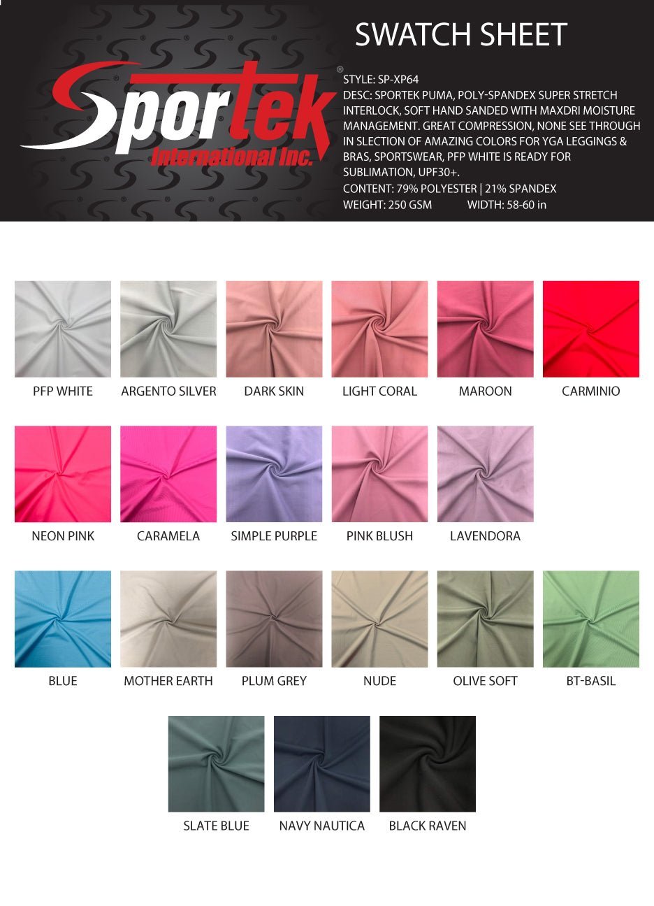 SP - XP64 SPORTEK PUMA , Poly - Spandex Super stretch Interlock, soft hand sanded with MaxDri moisture management - Sportek International Inc.