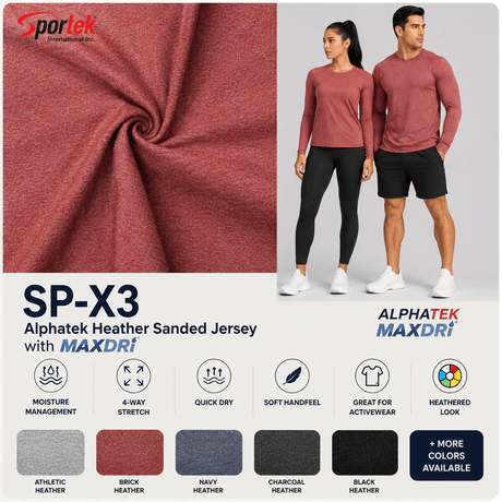 SP - X3 Alphatek Heather Sanded Jersey with MAXDRI - Spandex, Moisture Management SpandexSportek International Inc.
