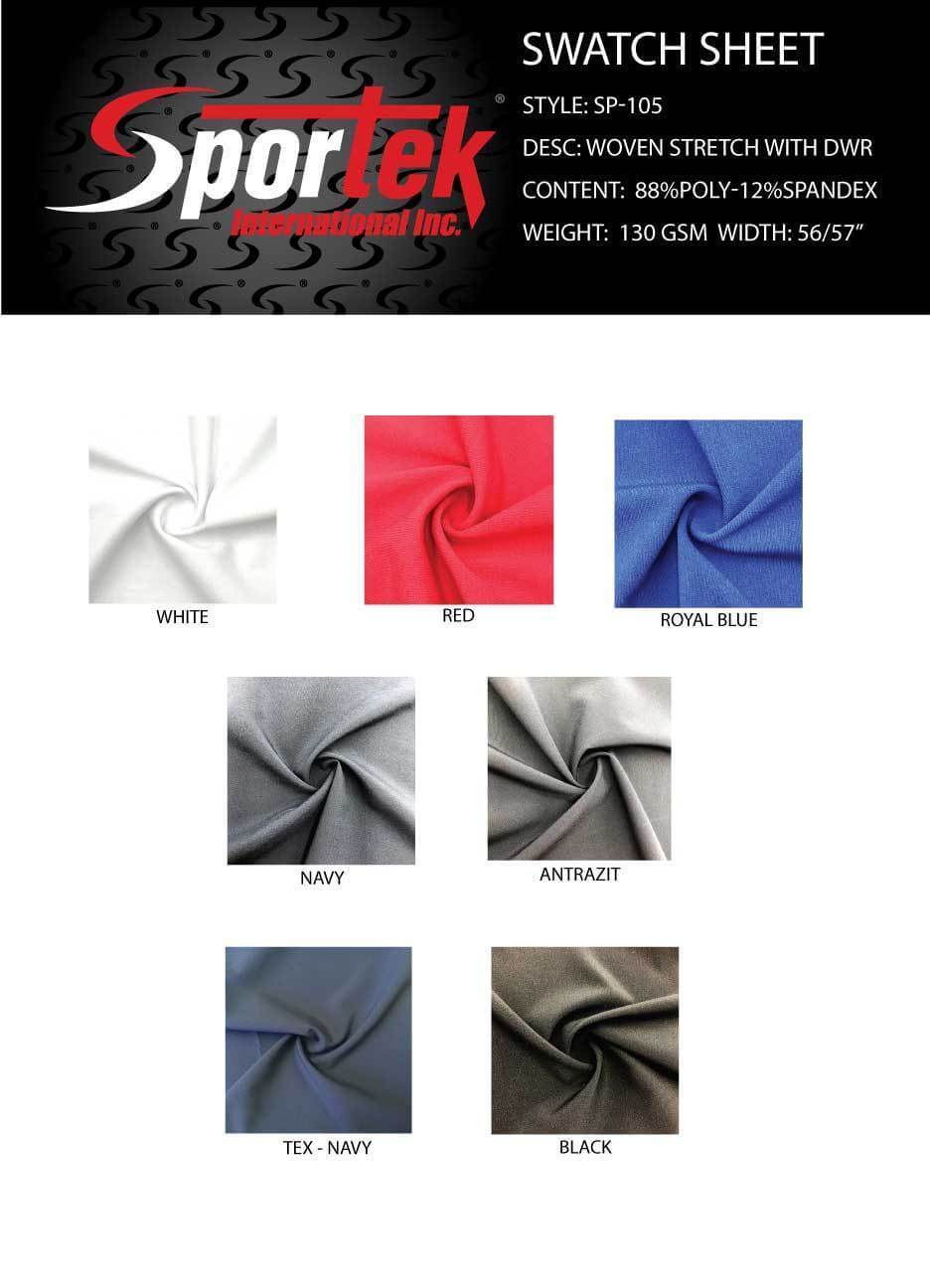 SP - 105 Poly - spandex stretch is woven soft hand durable - Sportek International Inc.