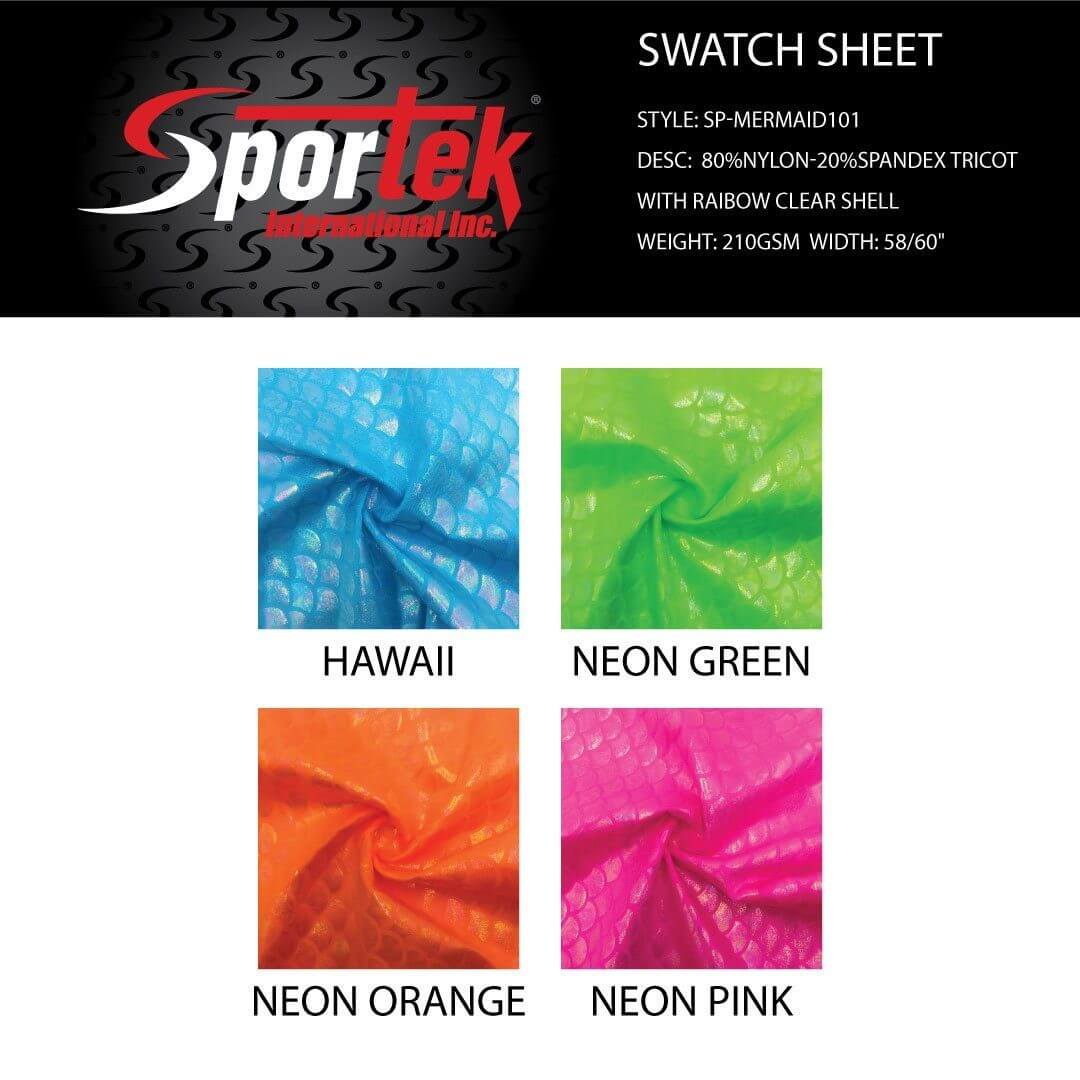 SP - Mermaid 101 Spandex Tricot with Rainbow clear shell - $14 per yard - $5 per color card - Sportek International Inc.
